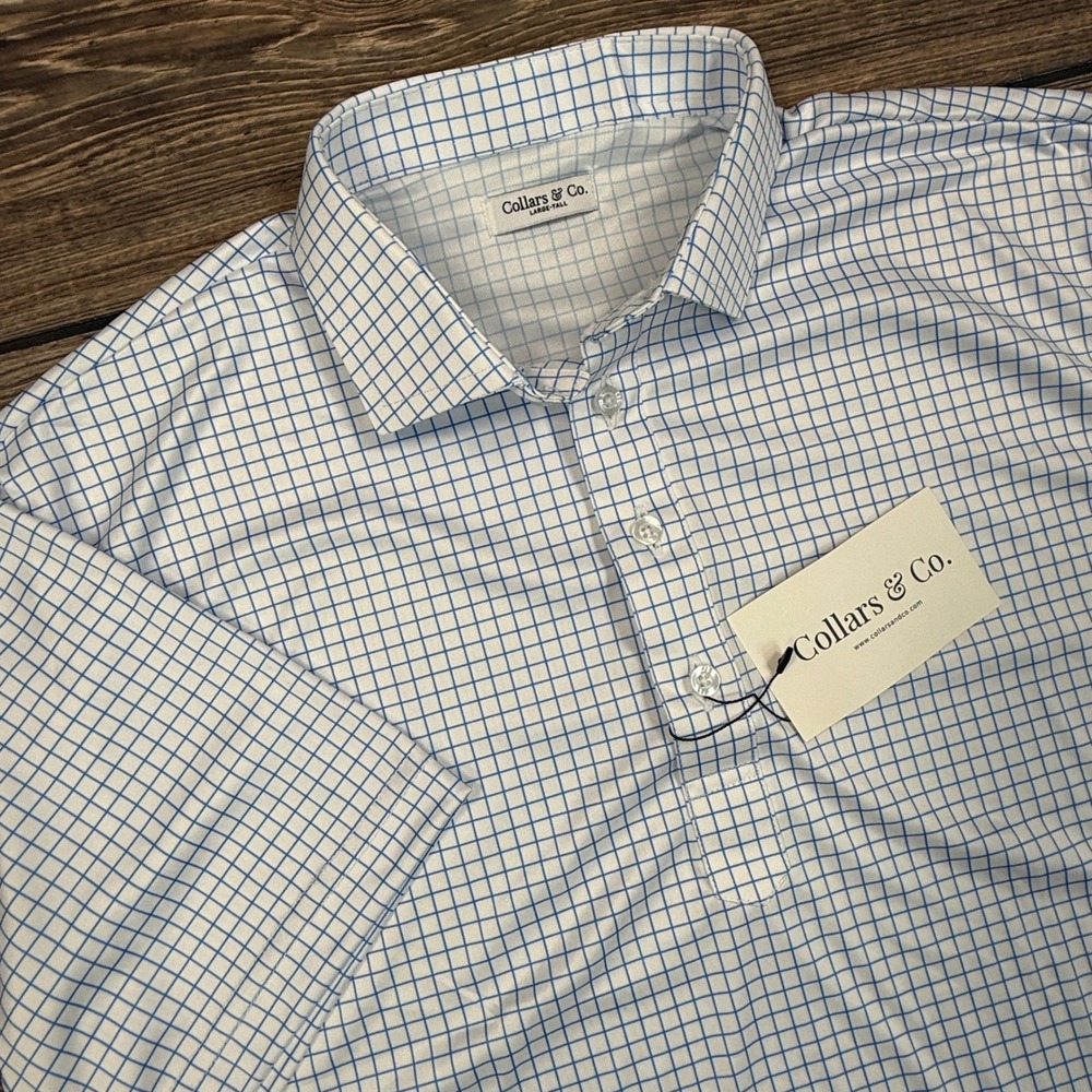 Collars & Co Mens Dress Collar Polo Size Large-Tall Thin Blue Check NEW